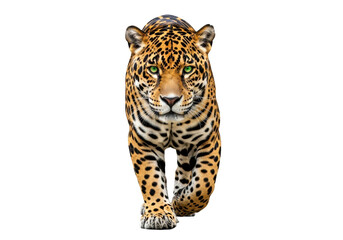 Obraz premium Majestic, powerful adult jaguar with golden-ochre fur, black rosettes, and piercing emerald eyes, walking confidently on a transparent studio background with no shadows, concept of wild animal power