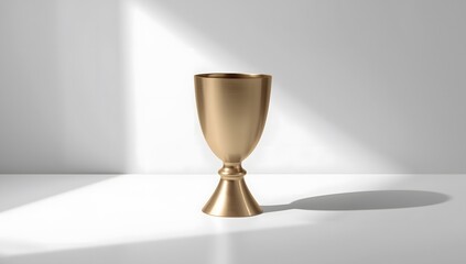 Elegant golden cup on a minimalist white surface with shadows