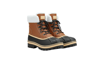 Brown winter boots with white fur lining and black rubber soles