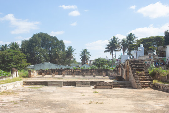 India, Karnataka, Mysuru, View of Ruin Palace of Tipu Sultan, 18th Century Ruin Palace of Srirangapatna.