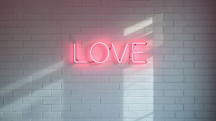 Pink glowing neon sign with word Love on white brick wall background