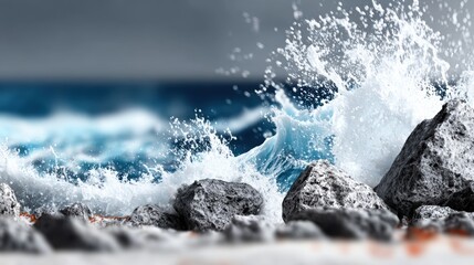 Charcoal seascape of waves crashing into rocks