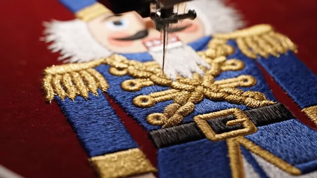 Nutcracker embroidery process on rich red fabric