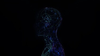 Futuristic Digital Human Form with Neon Lines and Dark Background