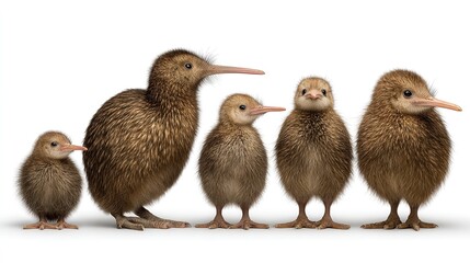 Fototapeta premium Wildlife panorama banner: adorable collection of North Island brown kiwi birds (Apteryx mantelli)—alert parent and fluffy chick—posed side-by-side, isolated on pure white