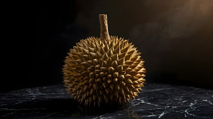 Whole fresh durian fruit with spikes on dark luxury marble background