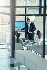 Presentation, above and graph with business man in office for training, window and profit returns....