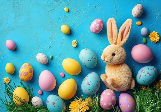 cheerful plush bunny surrounded by colorful pastel decorated eggs and yellow flowers on green grass against a bright blue textured background - Powered by Adobe