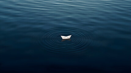 Single white origami paper boat floating on blue water ripples