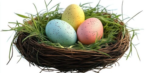 Obraz premium Woven twig nest with three speckled pastel eggs (blue, yellow, pink) nestled in fresh green grass on a white background, evoking springtime calm and hopeful renewal