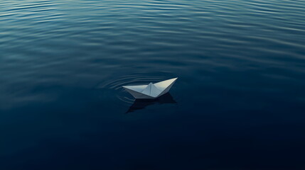 Single white origami paper boat floating on blue water ripples