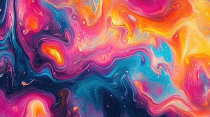 vibrant swirling liquid colors and starry speckles forming a cosmic marbled nebula, bright pinks, oranges and turquoise flowing in energetic dreamy motion