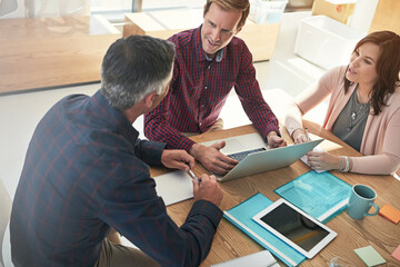 Meeting, laptop and proposal with business people in office for feedback, campaign pitch and planning. Team, branding workshop and collaboration with employees in agency for marketing project
