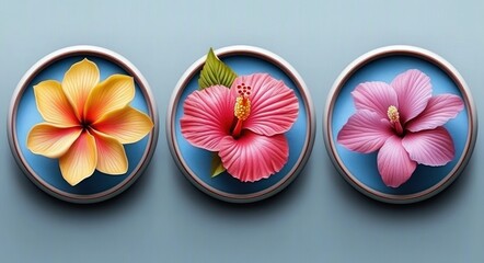 Three circular plaques with a yellow plumeria and two pink hibiscus blossoms on a soft blue gradient background, elegant serene tropical floral arrangement