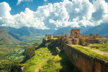ancient stone fortress ruins on a sunlit hilltop overlooking a river valley and distant mountains under dramatic clouds, evoking awe and peaceful serenity