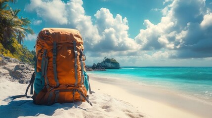 orange backpack on white sandy tropical beach with palm trees and distant rocky islet, turquoise sea under dramatic clouds conveying peaceful adventurous wanderlust
