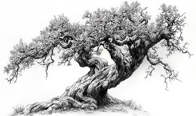 detailed black and white ink drawing of an ancient gnarled tree with a twisted trunk, sprawling exposed roots, dense small-leaf canopy and bare twisting branches, evoking resilience and solitude