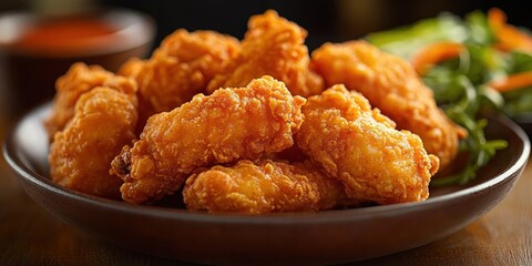 Golden crispy fried chicken wings piled on a brown plate with fresh mixed greens and a dipping sauce, warm appetizing savory comfort food