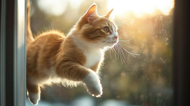 fluffy orange and white cat reaching paw toward a sunlit window, curious alert gaze and long whiskers in warm golden hour light - Powered by Adobe