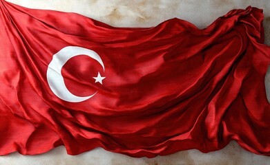 red national flag with white crescent and star draped on a textured surface, weathered fabric folds conveying pride and resilience