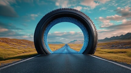 a long empty asphalt road through grassy plains and distant mountains passing through a giant upright tire ring under a dramatic cloudy sky, evoking surreal adventure and solitude