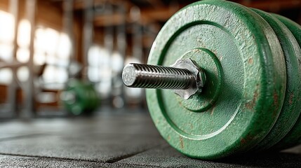 Fitness sport strength-training banner: close-up of a heavy green barbell dumbbell weight resting on textured gym floor,