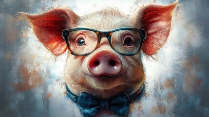 whimsical portrait of a pig with large red ears, wispy blond hair and a teal bow tie against a textured painterly background