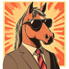 anthropomorphic horse portrait wearing sunglasses, brown suit and striped tie against a vibrant orange sunburst background conveying confident coolness
