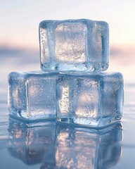 Three translucent ice cubes stacked on a reflective wet surface with water droplets, soft pastel background and a cool serene refreshing mood