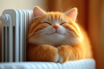 contented orange tabby kitten with closed eyes and tucked paws resting against a white radiator in warm sunlight