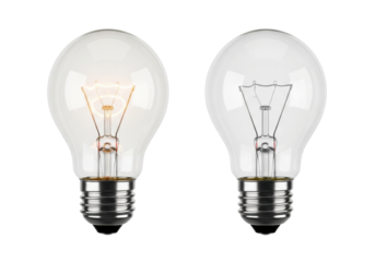 Two clear glass incandescent light bulbs, one lit warm yellow-orange, one dark, side-by-side on a transparent studio background, sharp focus. Concept of energy and innovation