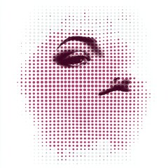 Stylized halftone portrait of a woman's partial face with one eye, eyebrow, nose and lips in magenta dots conveying mysterious glamour