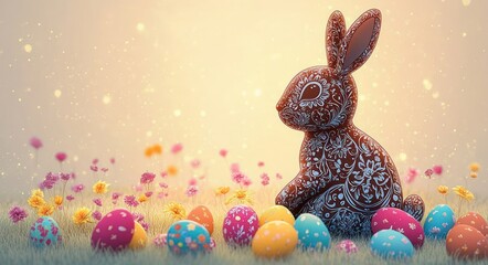 intricately patterned rabbit figurine seated among colorful painted eggs and wildflowers in a sunlit dreamy meadow, evoking whimsical joyful springtime