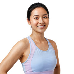 Close-up of a happy healthy Asian woman in athletic wear, smiling genuinely at the camera on an isolated transparent background.