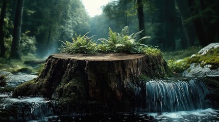 moss-covered tree stump topped with ferns beside a gentle waterfall in a misty, tranquil forest