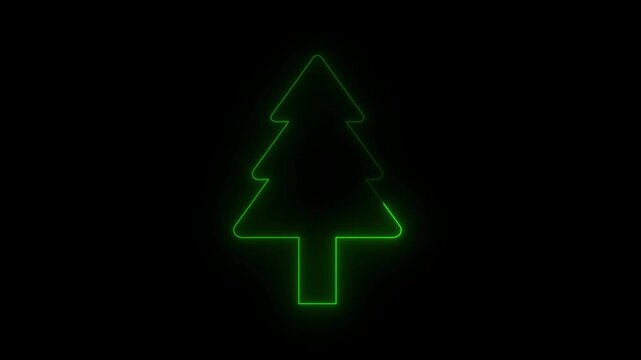 Glowing neon tree animation. Abstract neon green christmas tree for festive and holiday animation on black background. 