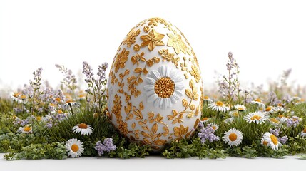 Happy. Easter holiday celebration greeting card - Golden big easter egg on fresh green meadow, isolated on white background