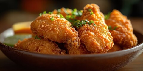 golden crispy fried chicken pieces in a rustic bowl garnished with chopped parsley, warm and appetizing comfort food