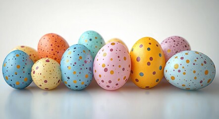 Row of pastel speckled eggs in pink, blue, yellow and mint with polka dots on a reflective surface, playful cheerful spring still life