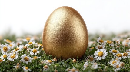 Happy. Easter holiday celebration greeting card - Golden big easter egg on fresh green meadow, isolated on white background 