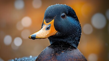 Close-up portrait of a wet duck with water droplets on glossy dark feathers and a bright orange bill, calm curious gaze against a warm bokeh background