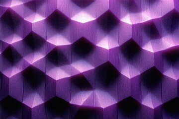 purple glowing geometric honeycomb of textured three-dimensional tiles with deep shadows and a moody futuristic atmosphere