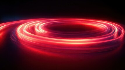 Glowing concentric neon rings of red and pink light trails on a dark surface, swirling motion conveying dynamic, hypnotic, futuristic energy