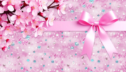 春らしいピンクのリボンと花の背景