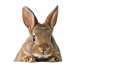 Young fluffy brown rabbit with long ears, dark eyes, and whiskers, head & paws visible, on a transparent studio background with copy space right. Commercial animal portrait concept