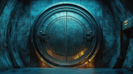 massive circular steel vault door set into a curved industrial chamber with riveted panels, teal-blue ambient light and a warm orange glow at the base, ominous and secure atmosphere
