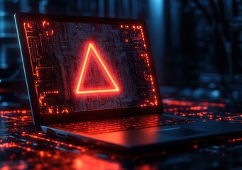 Laptop on reflective surface showing glowing red neon triangle over circuit board pattern in a dark blue cyberpunk setting, ominous and tense futuristic mood