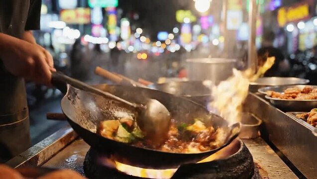 A gourmet chef prepares a hot meat meal by cooking on the barbecue grill over an open fire for a delicious restaurant dinner