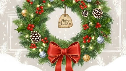 Festive Christmas Wreath with Red Bow, Ornaments, Pine Cones, and Merry Christmas