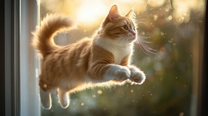 Playful ginger and white cat mid-leap at a sunlit window with fluffy tail and whiskers glowing in warm golden backlight, dust motes floating, curious and alert expression